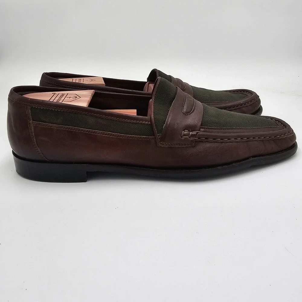 80s E.T. Wright Men's Loafers‎ Brown Leather & Green Canvas Italy Size 11 B